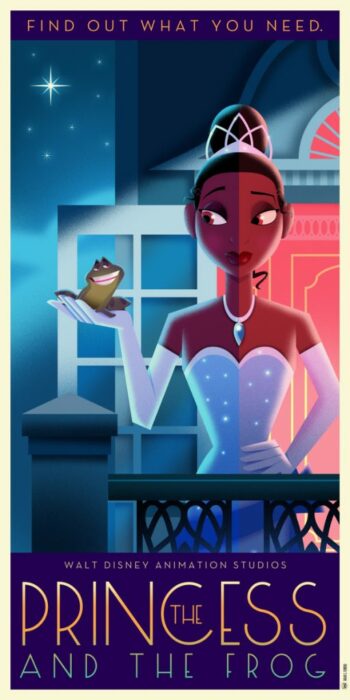 póster de la película de la princesa y el sapo en versión art déco