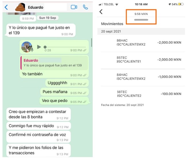 captura de pantalla de una conversación en Whats con alguna captura de cargos a una tarjeta