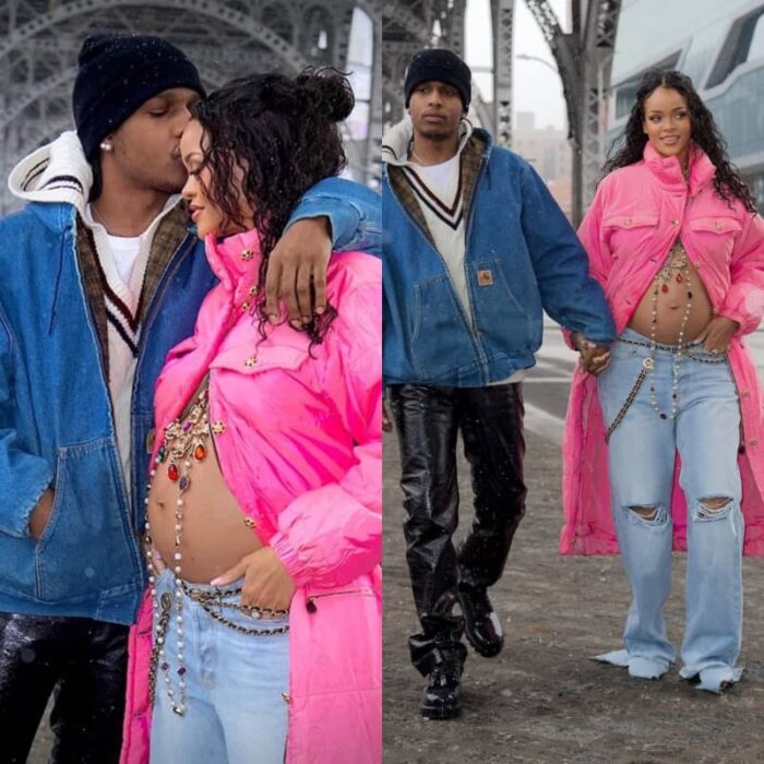 Rihanna y A$AP Rocky abrazados y caminando juntos