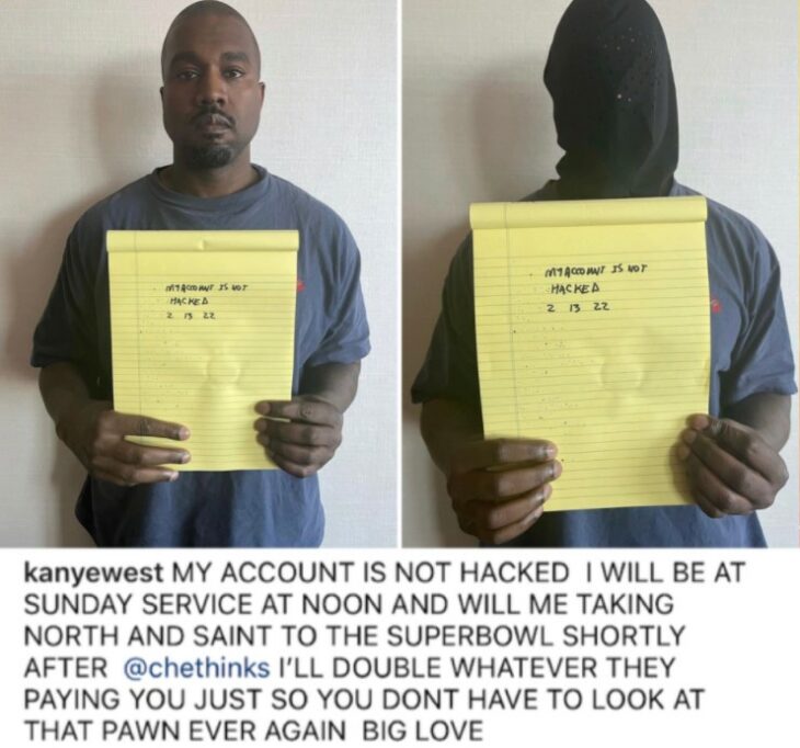 Captura de pantalla de Kanye West publicando que su cuenta no fue hackeada