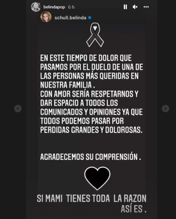 captura de pantalla de un mensaje que Belinda compartió en su Instagram 