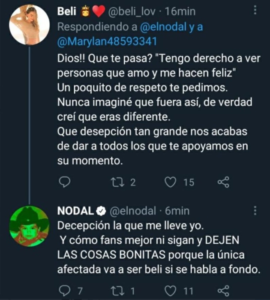 captura de pantalla de comentarios de la cantante Belinda y Christian Nodal 