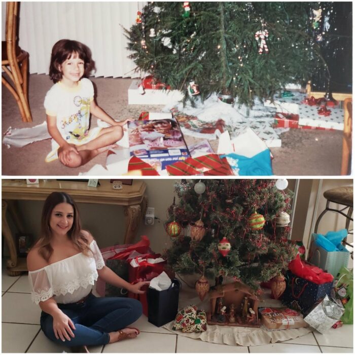 Niña frente al árbol de Navidad; Personas en internet recrean fotos antiguas y el resultado es pura dulzura