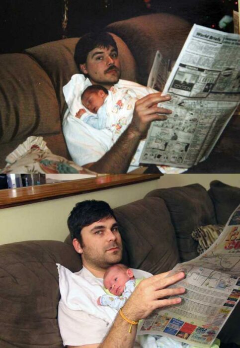 Padre leyendo el periódico; Personas en internet recrean fotos antiguas y el resultado es pura dulzura