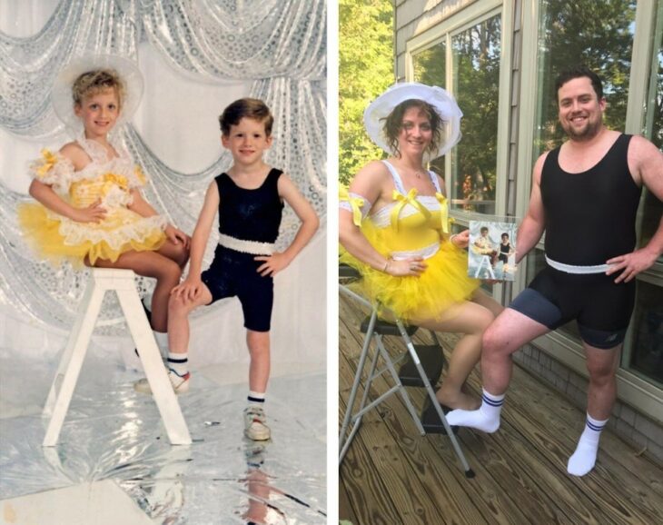 Niños posando para una foto familiar; Personas en internet recrean fotos antiguas y el resultado es pura dulzura
