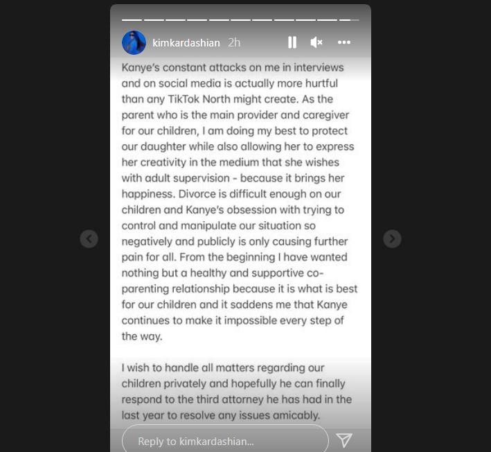 Comunicado que Kim Kardashian emitió en contra de Kanye en Instagram