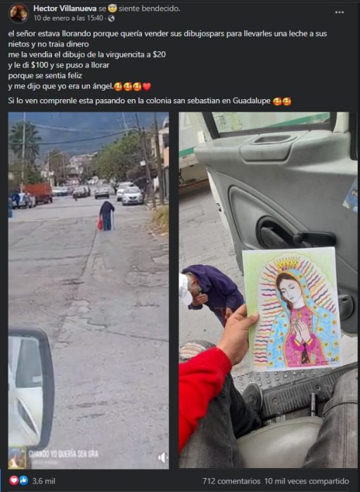 captura de pantalla de una publicación en Facebook de un abuelito que vende dibujos para comprar leche a sus nietos