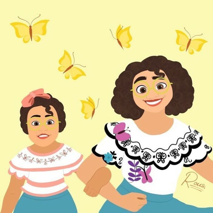 Animación de la niña Manu con el personaje de Mirabel de la película Encanto
