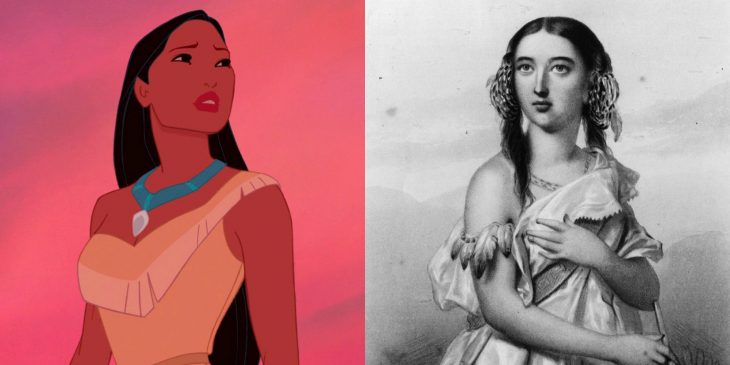 Pocahontas de Disney a lado de la persona en la que se basó para el diseño