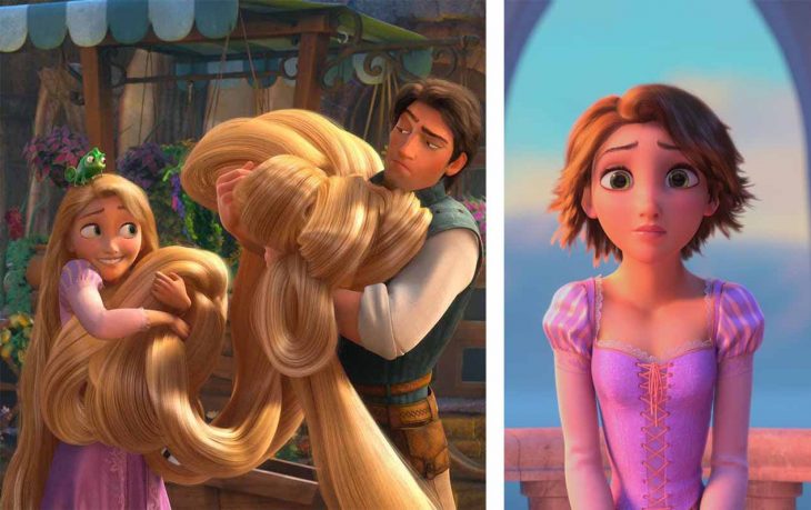 imagen comparativa de Rapunzel con el cabello largo y corto
