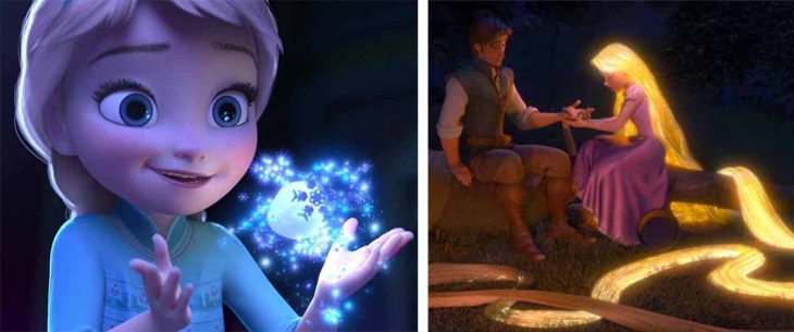 Elsa de niña creando nieve y Rapunzel con su cabello brillante en Enredados