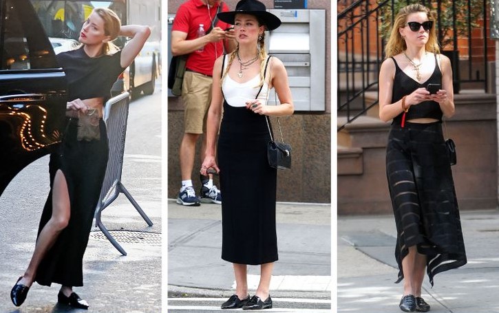 Amber Heard usando una falda con mocasines