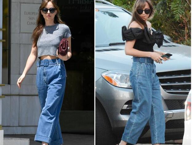 Dakota Johnson usando el mismo pantalón en diferentes ocasiones