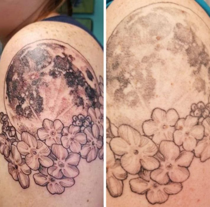 Luna con flores de loto; 14 Tatuajes en el día en que se hicieron vs actualmente