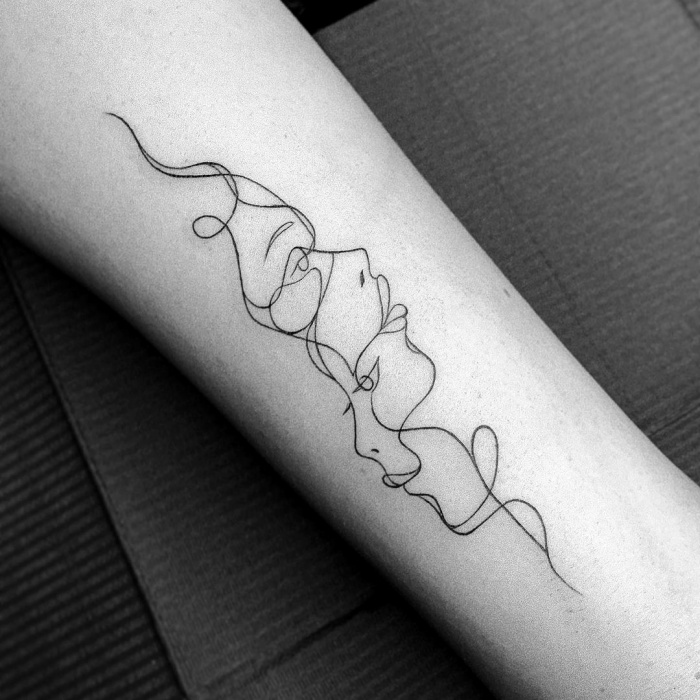 tatuajes con diseño de línea fina, fine line, one line, un solo trazo en forma de mariposa, flores, limones, retratos, animales, corazones