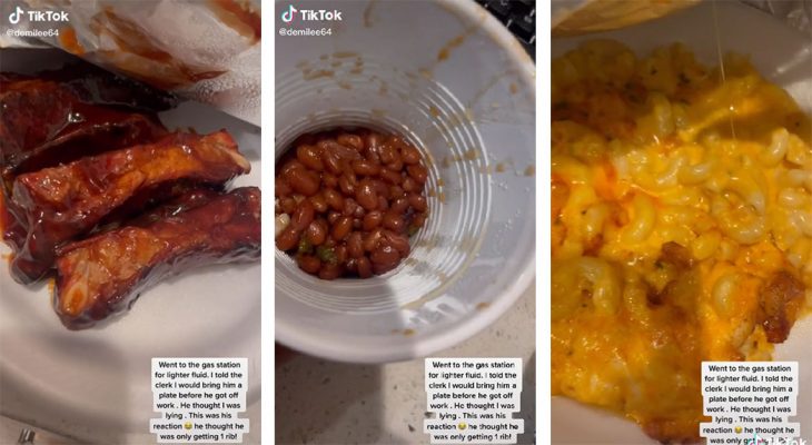 Foto que muestra un vaso con frijoles, unas costillas bañadas en salsa y un plato con macarrones