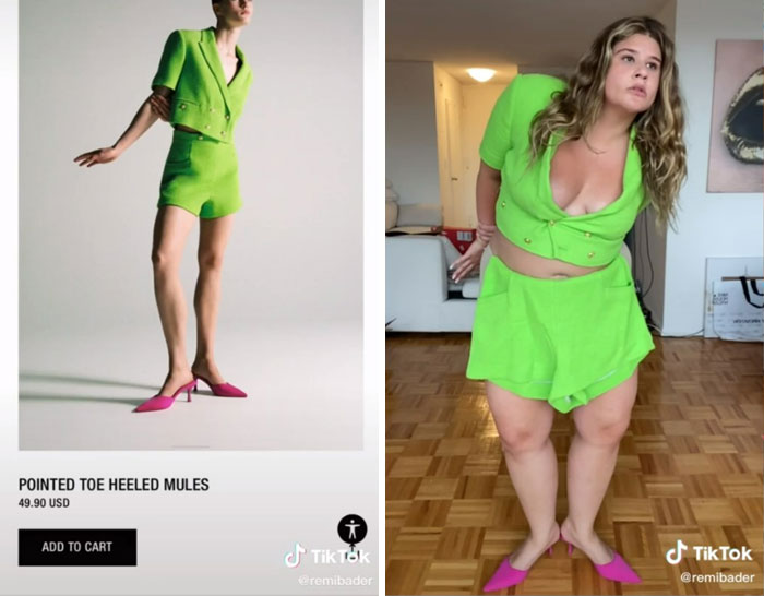 Chica en conjunto verde; Recrea poses de las modelos de Zara para mostrar lo ridículas que son