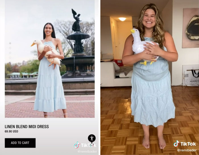 Chica en vestido azul; Recrea poses de las modelos de Zara para mostrar lo ridículas que son