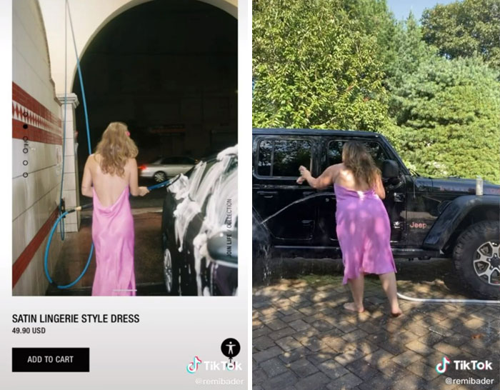 Chica lavando un auto; Recrea poses de las modelos de Zara para mostrar lo ridículas que son