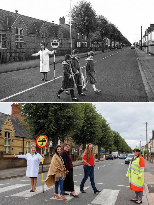 Niñas cruzando la calle; Chris Porsz Fotógrafo encuentra a personas que fotografió hace años y logra recrear las imágenes
