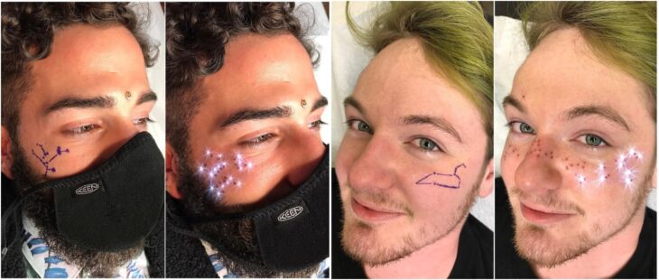 Chicos con pecas falsas; Las personas están tatuando constelaciones en sus rostros con pecas falsas 