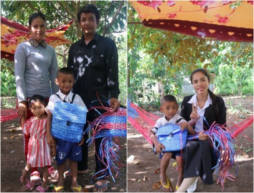 Niño junto a su maestra; Papá humilde teje una mochila para su hijo