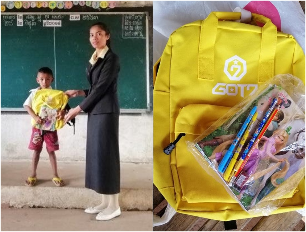 Niño con mochila nueva; Papá humilde teje una mochila para su hijo