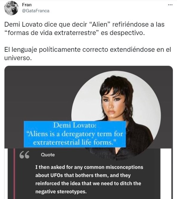 Tuit sobre Demi Lovato levanta polémica al decir que llamar 'aliens' a los extraterrestres es 'despectivo'