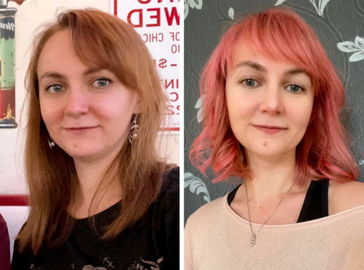 Chica con cabello rosa antes y después de cortar su cabello; 15 Cambios de cabello que te inspirarán a hacer lo tuyo