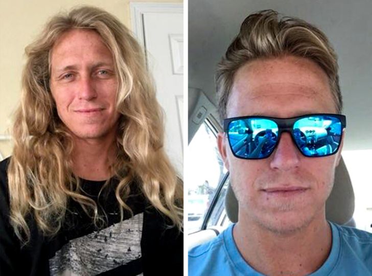 Hombre rubio antes y después de cortar su cabello; 15 Cambios de cabello que te inspirarán a hacer lo tuyo