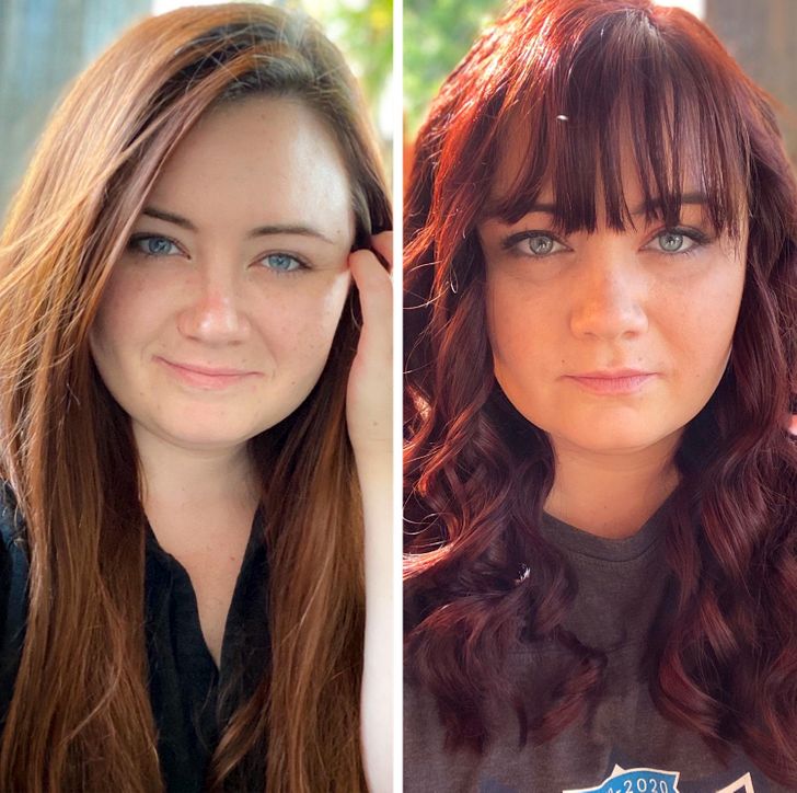 Chica cabello rojo antes y después de cortar su cabello; 15 Cambios de cabello que te inspirarán a hacer lo tuyo