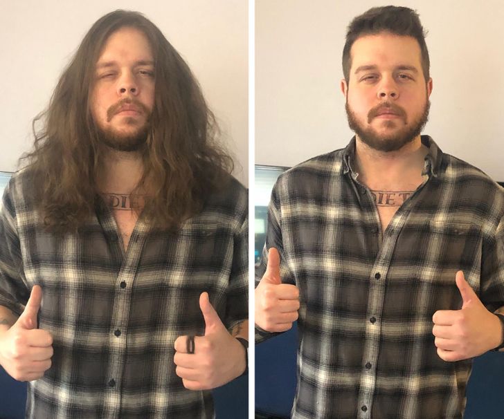 Chico castaño oscuro antes y después de cortar su cabello; 15 Cambios de cabello que te inspirarán a hacer lo tuyo