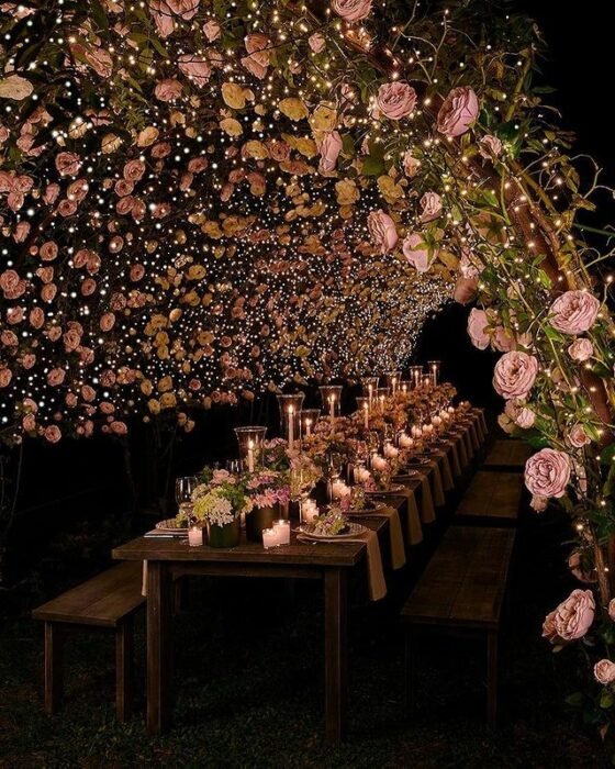 Decoración de boda con luces en jardín