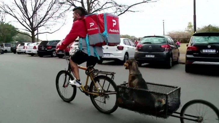 Hombre entregando comida junto a su perrito en una bicicleta