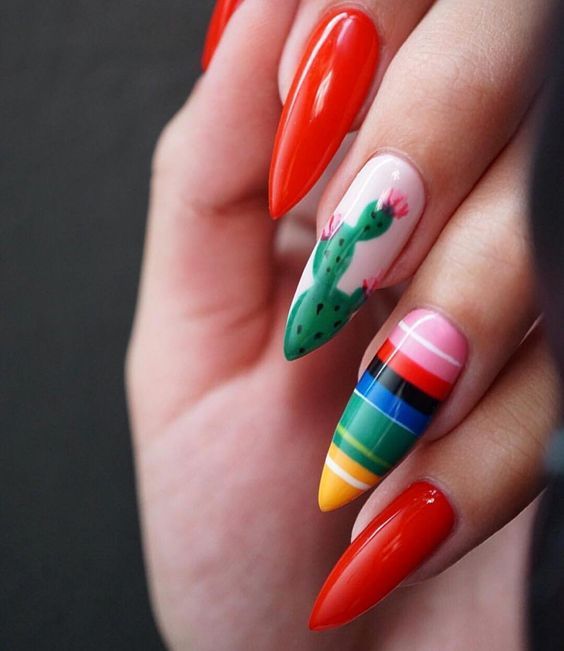 Uñas rojas con nopales y líneas; 20 Ideas para darle a tus uñas un estilo mexicano y lleno de color