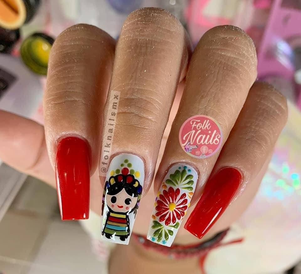 Uñas con muñecas mexicanas; 20 Ideas para darle a tus uñas un estilo mexicano y lleno de color