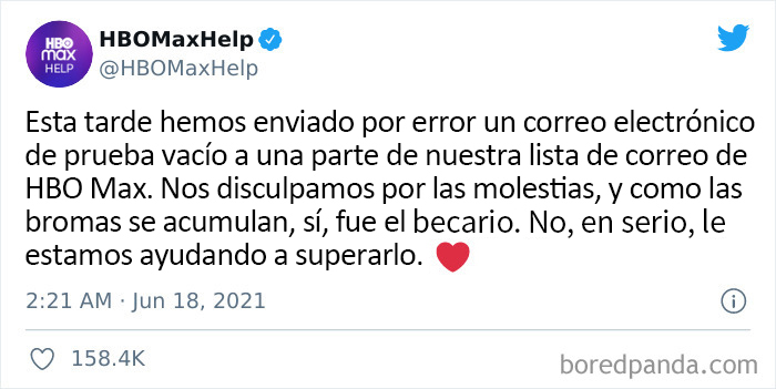 Tuit apoyando error cometido por becario de HBO