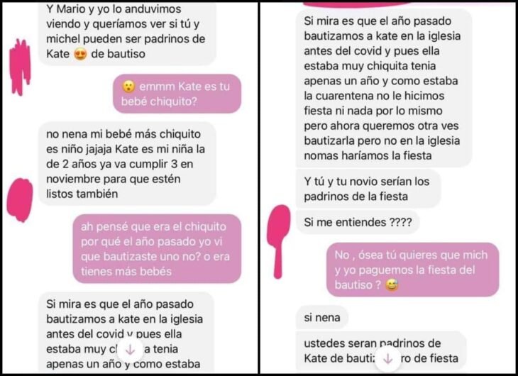 Mensaje 2; Le escribió a una amiga que hace años no veía para pedirle que pague todo el bautizo de su hija