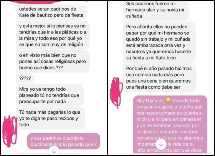 Mensaje 3; Le escribió a una amiga que hace años no veía para pedirle que pague todo el bautizo de su hija