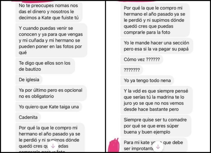 Mensaje 6; Le escribió a una amiga que hace años no veía para pedirle que pague todo el bautizo de su hija