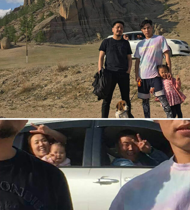 Personas siendo photobombeadas durante una sesión de fotos