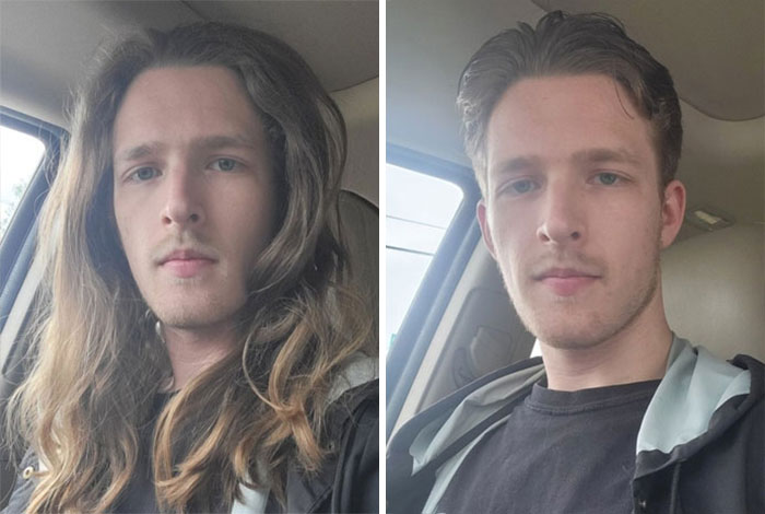 Chico tomando una foto dentro de un auto; 14 Hombres antes y después de cortar su melena