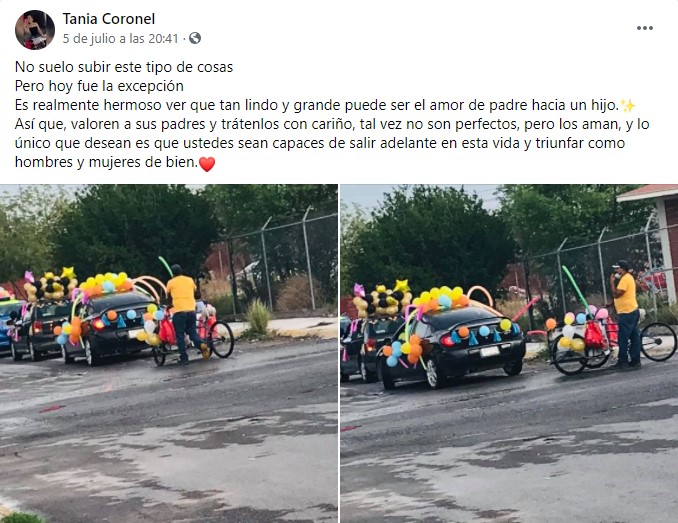 Hombre lleva a su hijo a su graduación en un triciclo adornado con globos 