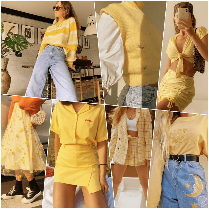 chicas de cabello largo rubio, castaño, pelirrojo con un top amarillo, minifalda, pantalones, jeans, botines, crop tops, pantalones