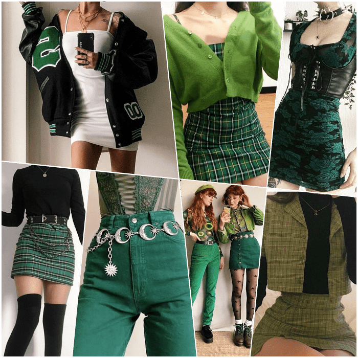 chicas de cabello largo rubio, castaño, pelirrojo con un top verde, minifalda, pantalones, jeans, botines, crop tops, pantalones