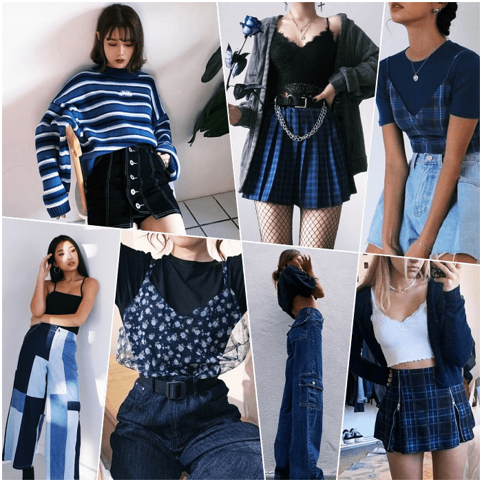 chicas de cabello largo rubio, castaño, pelirrojo con un top azul, minifalda, pantalones, jeans, botines, crop tops, pantalones