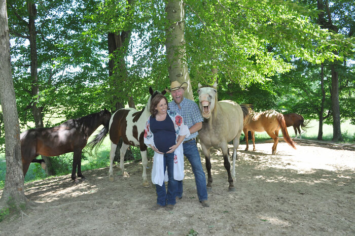 Caballo sonriendo en una sesión de fotos ;Caballito interrumpe sesión de maternidad y su sonrisa hace reír a todo internet