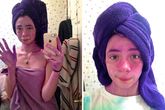 Chica con manos teñidas de morado ;14 Fails de tintes caseros que te harán valorar tu hermosa melena
