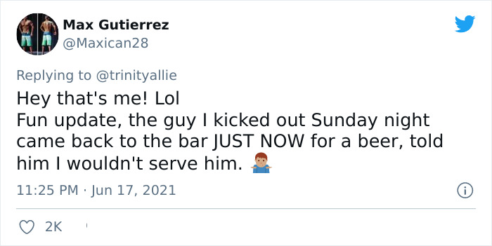 Comentario en twitter de un bartender que salvó a una chica de ser acosada