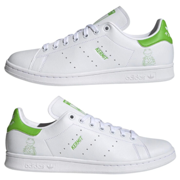 Línea de ropa y calzado de Adidas, Stan Smith Disney; tenis blancos con verde y estampado de la Rana René